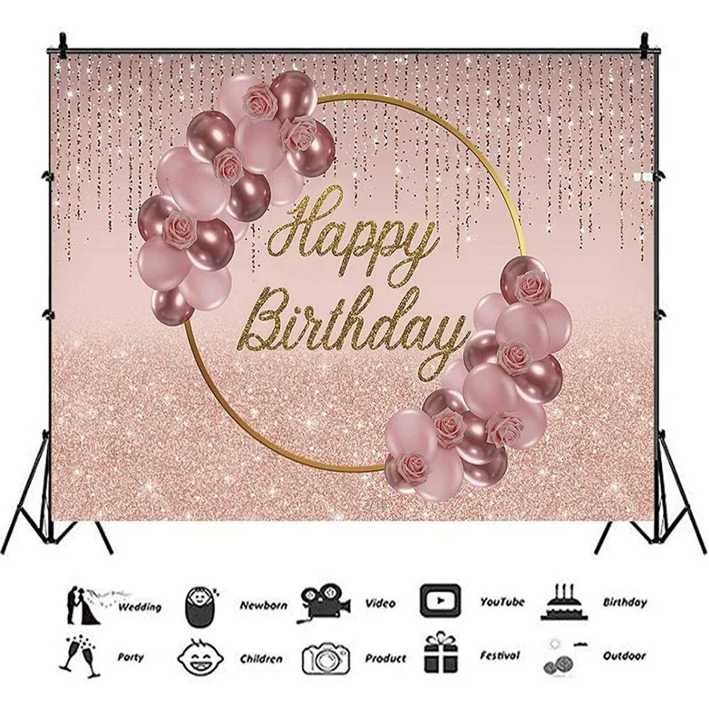 7x5ft Vinyl Pink Rose Gold Balloon Gold Ring Happy Birthday Photo Background
